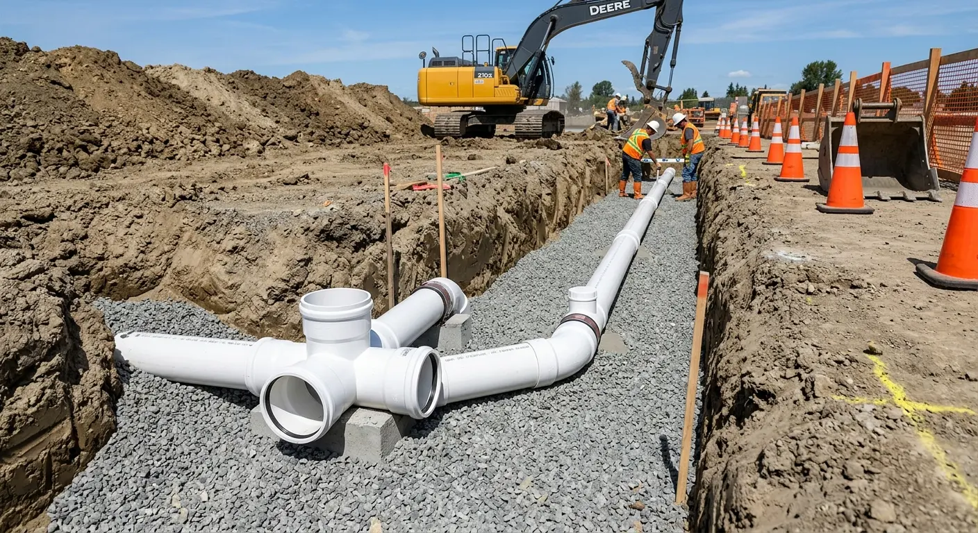 New PVC sewer pipe installation in open trench for Commercial Drain Cleaning in Owosso
