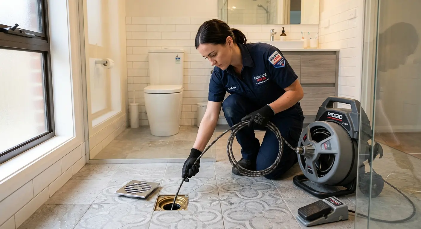Technician clearing a bathroom floor drain for Clogged Drain Repair in Owosso